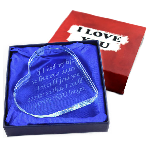I Love You Engraved Glass Heart Anniversary Gift for Her and Him