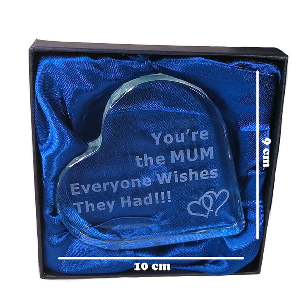 Engraved glass heart in a box with dimensions explained