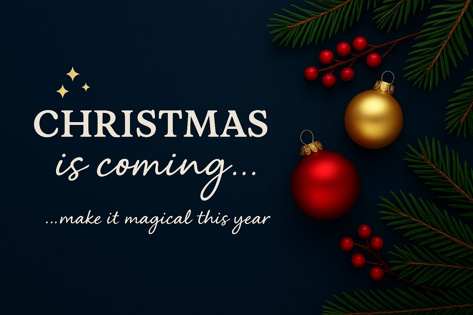 Christmas-themed text with ornaments and foliage on a dark background