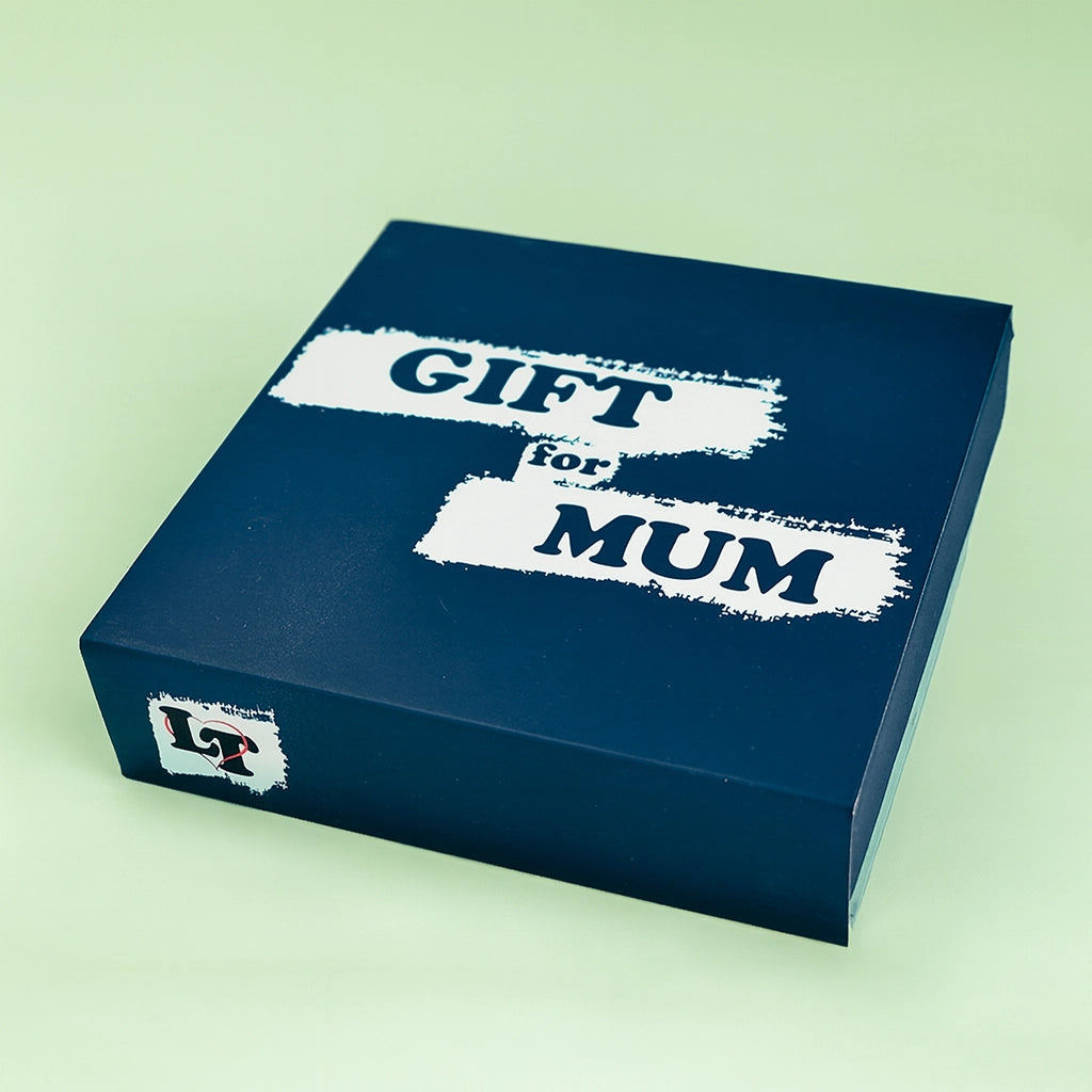 Blue gift box with 'Gift for Mum' text on a light green background