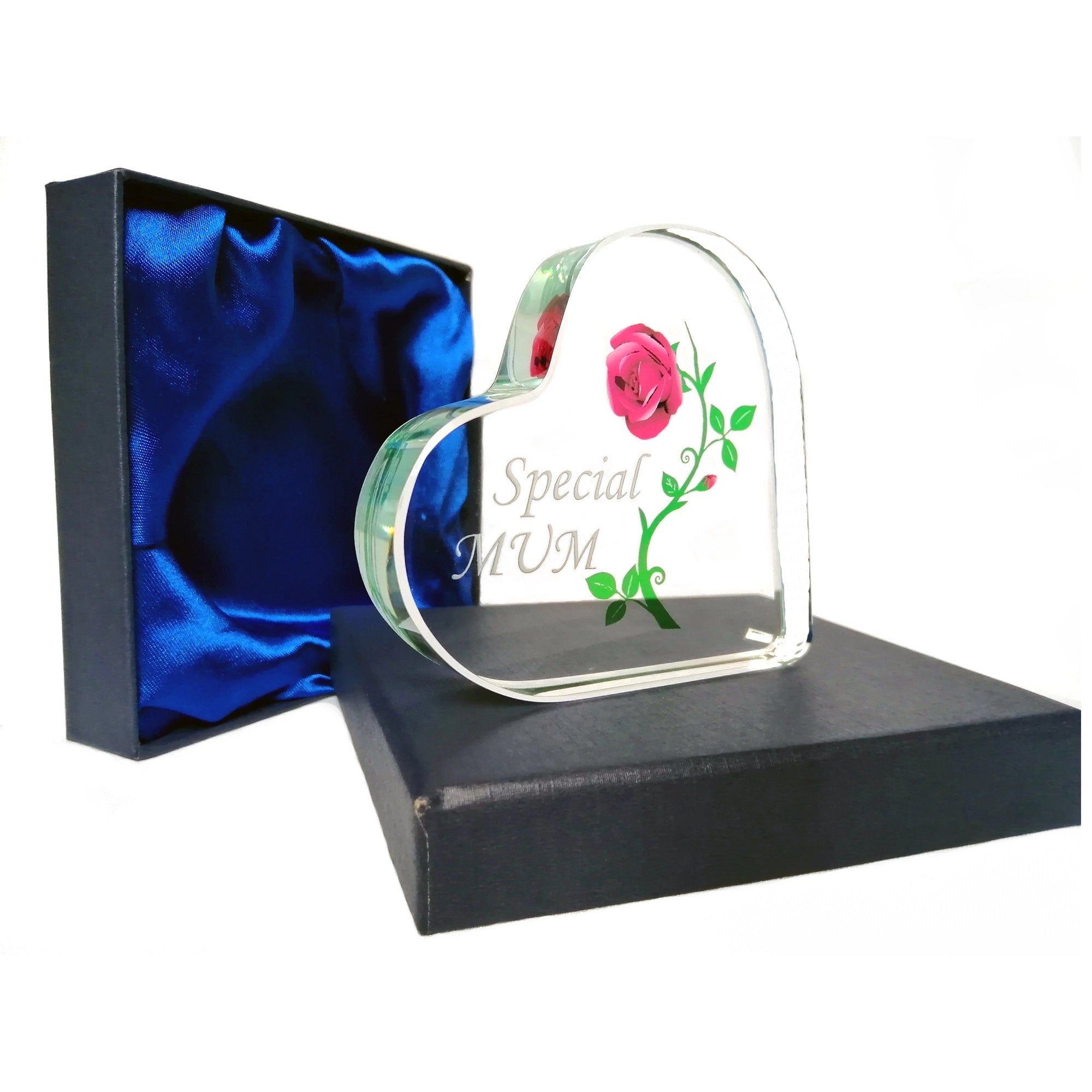 Heart-shaped glass ornament with rose design and 'Special Mum' text in a blue satin-lined box.