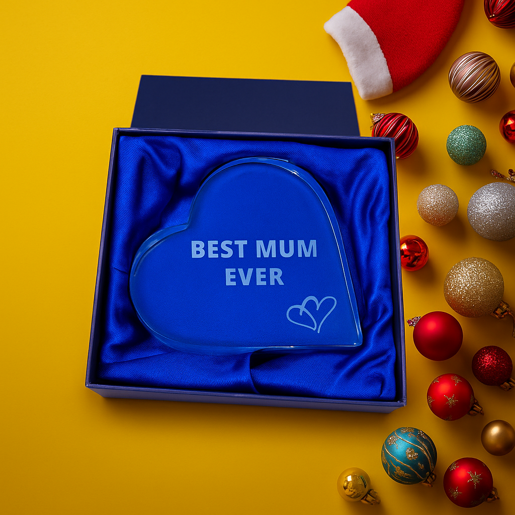 engraved glass heart with best mum ever