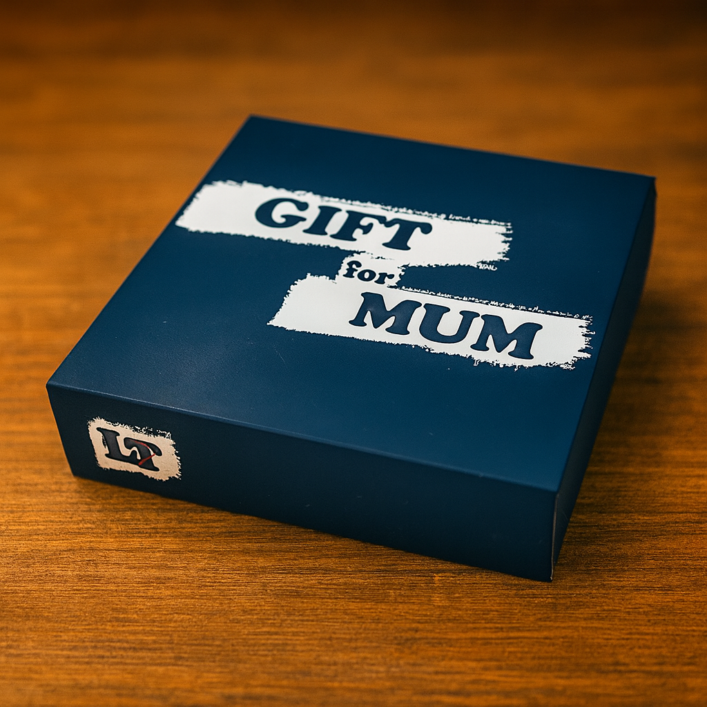 Blue gift box with 'Gift for Mum' text on a wooden surface