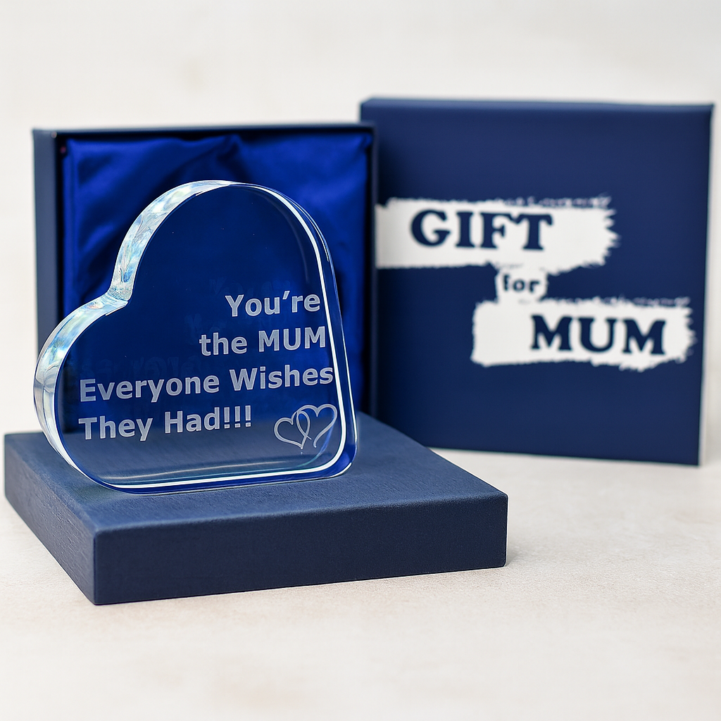 Heart-shaped glass gift for mum with blue box and card on a white background