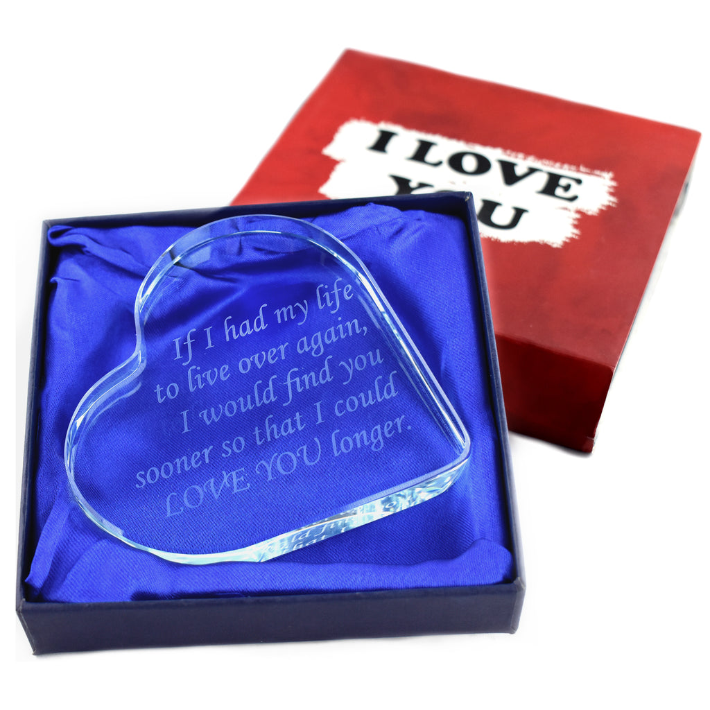I Love You Engraved Glass Heart Anniversary Gift for Her and Him