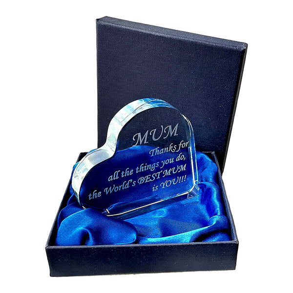 Glass heart engraved with Mum Thanks for All the Things You Do the World's Best Mum is You