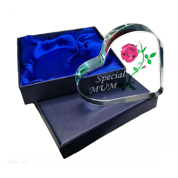 Special Mum glass heart engraved with a flower and gift box