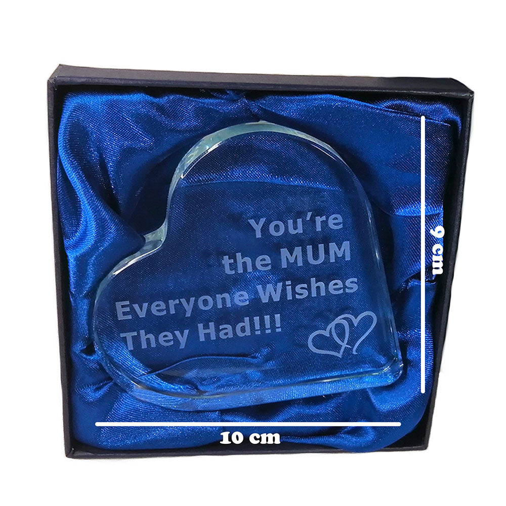 Engraved glass heart in a box with dimensions explained